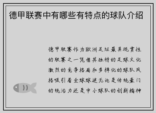 德甲联赛中有哪些有特点的球队介绍